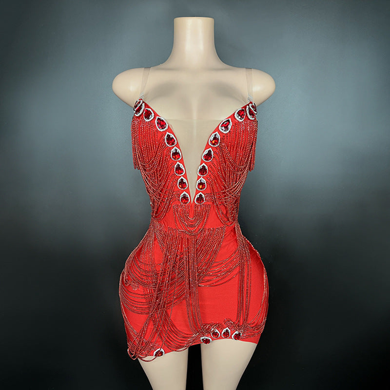 Sexy Red Crystal Rhinestone Fringe Mini Dress