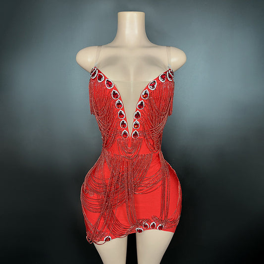 Sexy Red Crystal Rhinestone Fringe Mini Dress