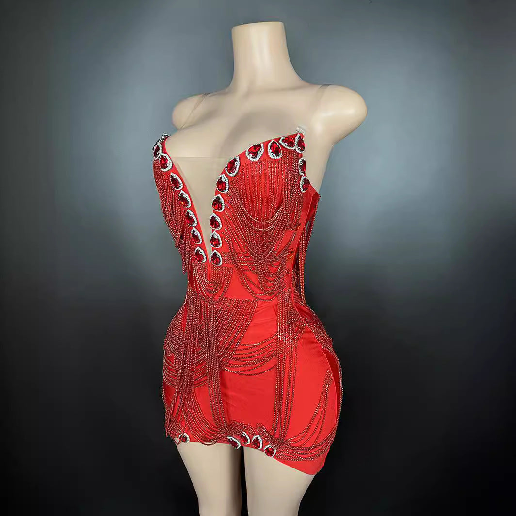 Sexy Red Crystal Rhinestone Fringe Mini Dress