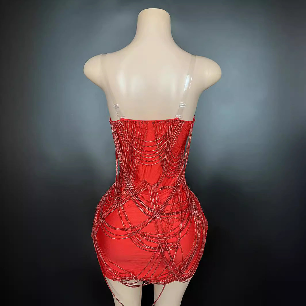 Sexy Red Crystal Rhinestone Fringe Mini Dress