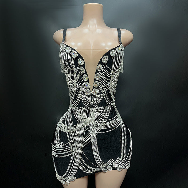 Sexy Red Crystal Rhinestone Fringe Mini Dress