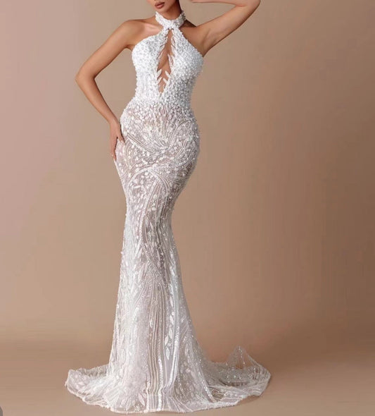 White Halter Sequin Mermaid Evening Dresse