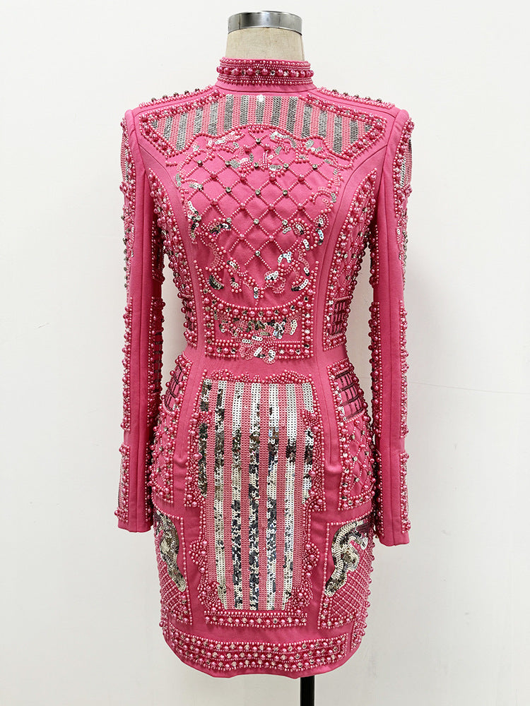Beaded Pearl Sequin Pink Mini Club Dresses