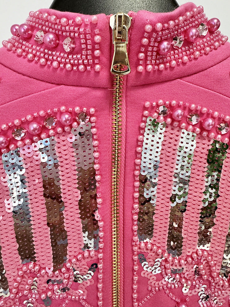 Beaded Pearl Sequin Pink Mini Club Dresses