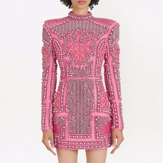 Beaded Pearl Sequin Pink Mini Club Dresses