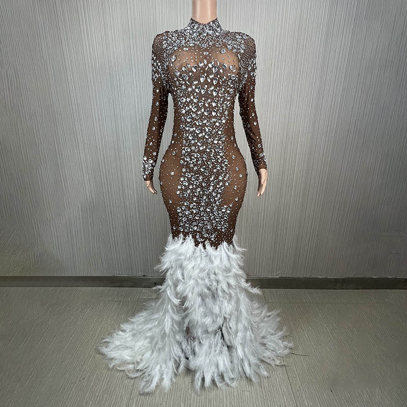 Pink Feather Crystal Evening Dress