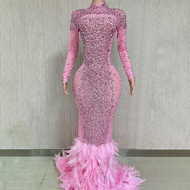Pink Feather Crystal Evening Dress