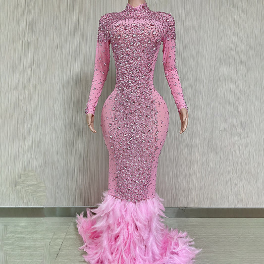 Pink Feather Crystal Evening Dress