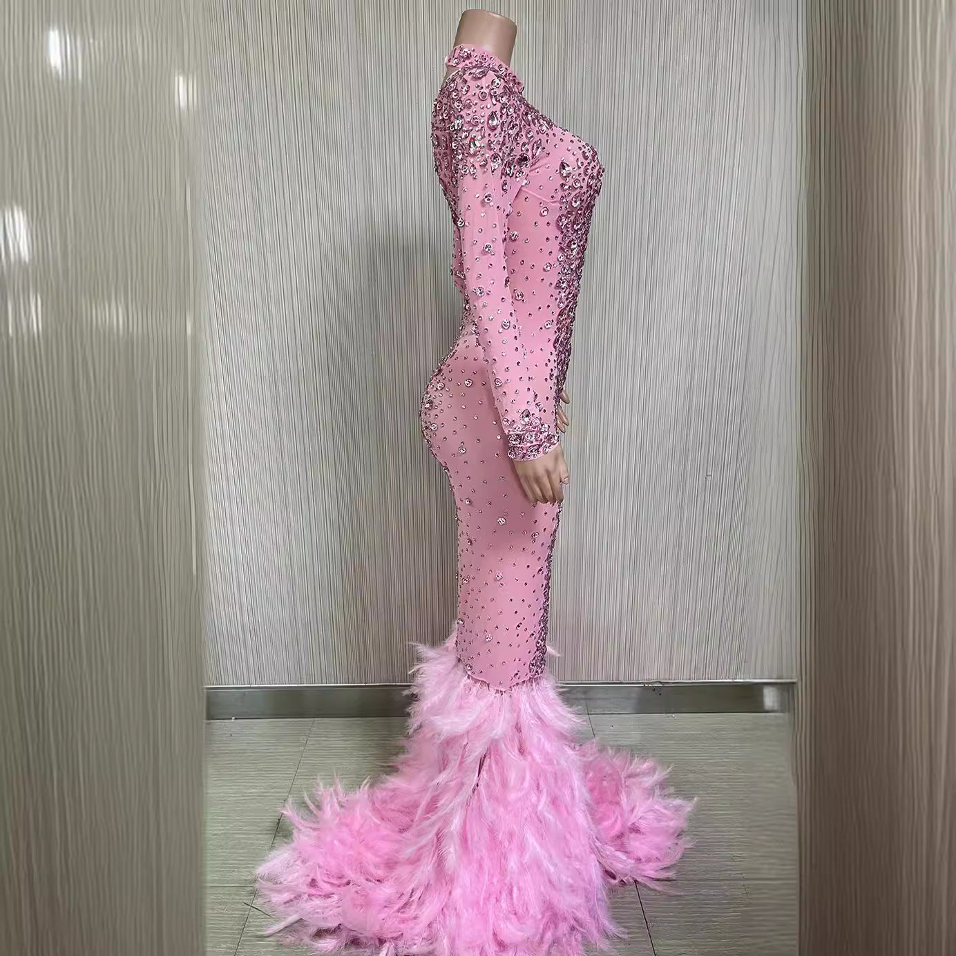 Pink Feather Crystal Evening Dress