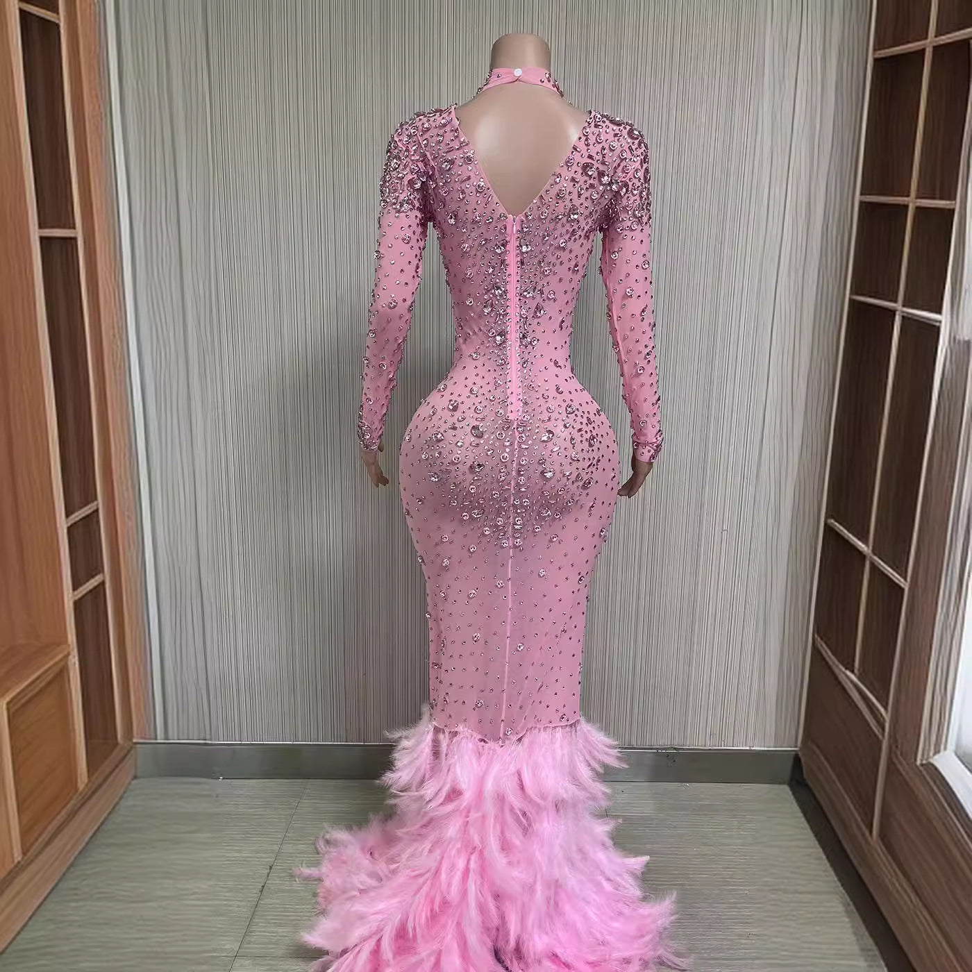 Pink Feather Crystal Evening Dress