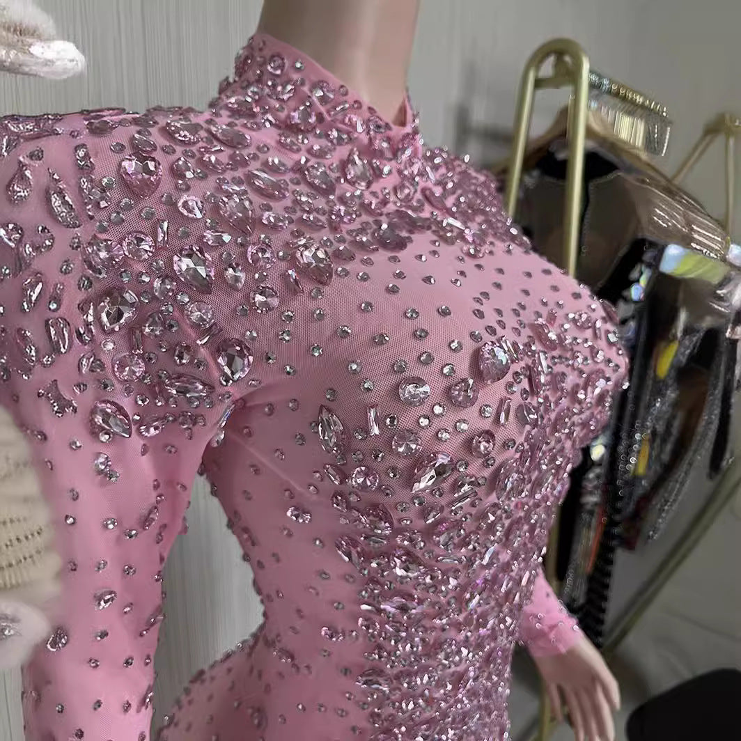 Pink Feather Crystal Evening Dress