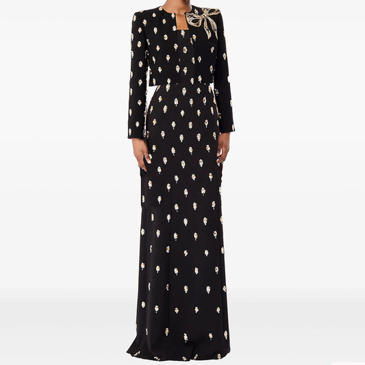 Oem Odm Elegant Ladies Black Two Piece Dress Set Women Cropped Blazer Jacket Long Gown Luxury Beaded Formal Evening Wear