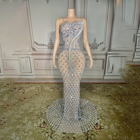 Silver Rhinestone One Shoulder Mermaid Party Dress