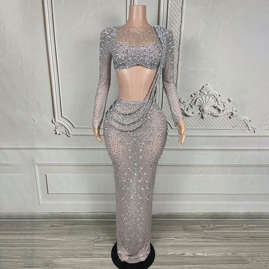 Silver Rhinestone Long Sleeve Crop Top Maxi Skirt Set